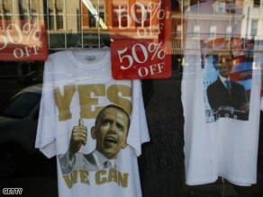 Shirts with the likeness of Democratic presidential candidate Senator Barack Obama offered for half price in a store window May 19, 2008 in Kentucky.