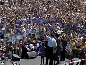Sen. Obama and family at a campaign event in Portland, Oregon on Sunday.  The rally drew a crowd of 75,000 people.