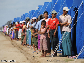 People displaced by Cyclone Nargis by their tents in the Kyondah village, Myanmar