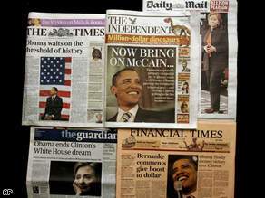 Front pages of some major British newspapers showing stories about Barack Obama's success in the US Democratic presidential race.