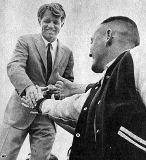 Robert F. Kennedy greets students during a presidential campaign stop in La Grande, Ore., May 22, 1968.