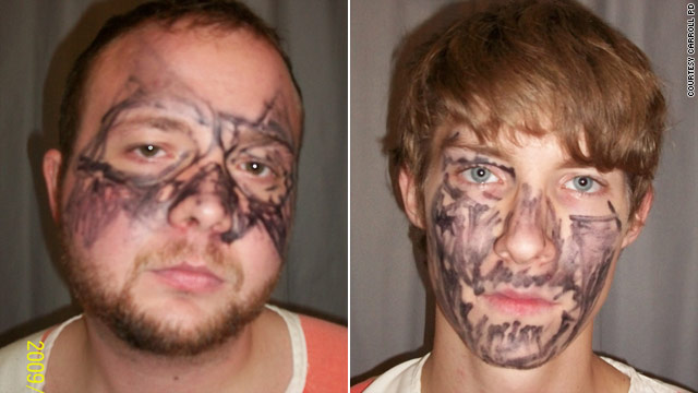 Matthew Allan McNelly, left, and Joey Lee Miller, 20, still had the permanent marker on their faces when they were booked.