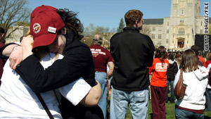 Virginia Tech students grieve on the first anniversary of the shootings in 2008.