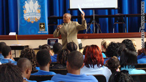 Calvin Mackie, shown here speaking to students, says leadership comes from within.