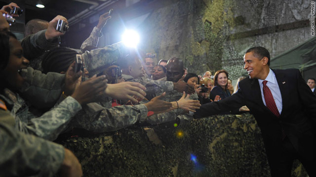 President Obama greets U.S. troops on a visit to South Korea.