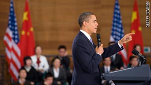 President Obama answers questions during a town hall meeting with future Chinese leaders.