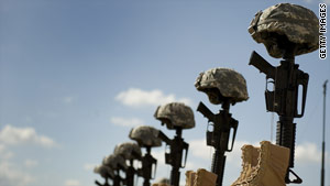 Boots, rifles and helmets stand tribute to the military victims of the Fort Hood massacre.