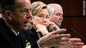 Adm. Michael Mullen, left, speaks alongside Secretary of State Hillary Clinton and Secretary of Defense Robert Gates.