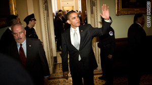 President Obama leaves after meeting with Senate Democrats to rally support for the health care bill.