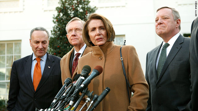House Speaker Nancy Pelosi, here with Senate Democratic leaders, says, "We'll have a great bill when we put them together."