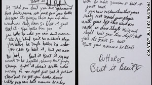 Handwritten lyrics to the 1983 hit "Beat It," scribbled on a piece of paper, went for $60,000.