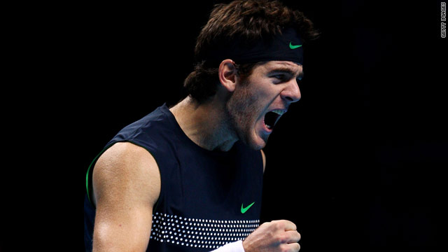 Juan Martin del Potro celebrates his victory over Roger Federer than put him in the London semis.