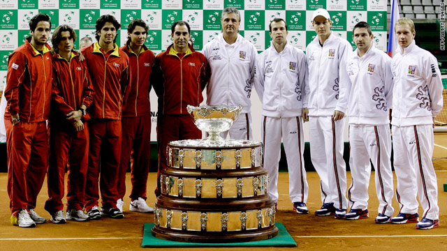 Spain, in red, will be seeking to defend their Davis Cup crown in the final against the Czech Republic.