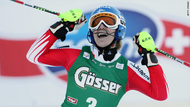 Marlies Schild shows her delight after securing an impressive victory in Tuesday's World Cup slalom.