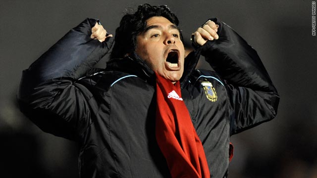 Coach Diego Maradona exploded in relief after Argentina scored a vital winner against Uruguay last month.