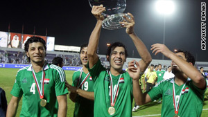 Iraqi players celebrate following a win this month over the United Arab Emirates.