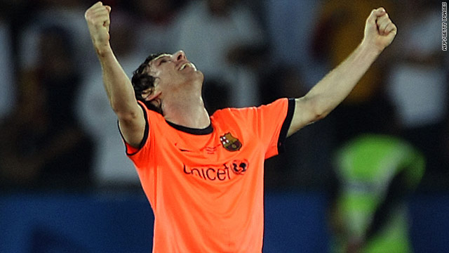 Barcelona forward Lionel Messi celebrates his winning goal in the final of the Club World Cup.