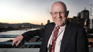 Gordon Bell wearing a SenseCam, which automatically records photos throughout the day.