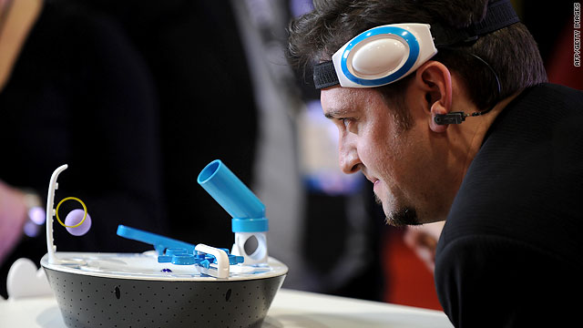 Games such as Mindflex use headsets with simple electrodes to monitor levels of concentration and relaxation.