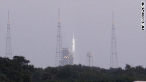 The Ares I-X sits on the launch pad at Kennedy Space Center in Florida early Tuesday.