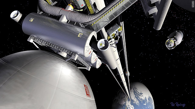 This concept image from NASA shows what a space elevator and transfer station could look like.