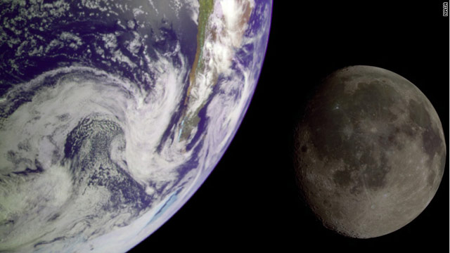 This image of Earth and moon is a composite of two images sent back by the Galileo spacecraft.