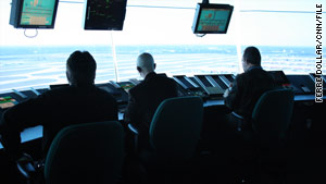 Air traffic controllers work at Hartsfield-Jackson International Airport in Atlanta, Georgia, earlier this year.