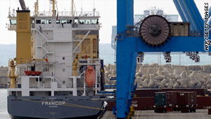 The U.S. says the Francop, shown at the Israeli port of Ashdod, carried 36 containers of arms and related materiel.