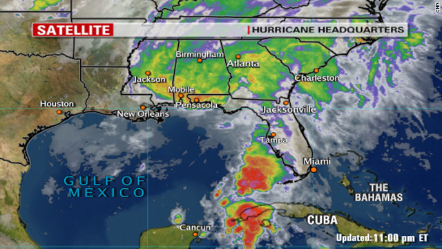 A satellite image taken at 11:00 p.m. Monday shows Ida making landfall on the Gulf Coast.