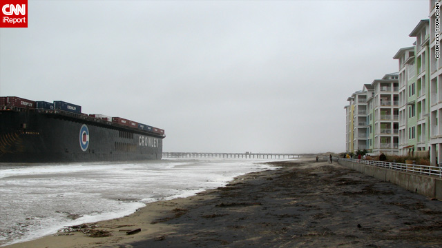 An iReporter in Sandbridge Beach, Virginia, captured this image Friday of a huge freighter in the shallows close to the shore.