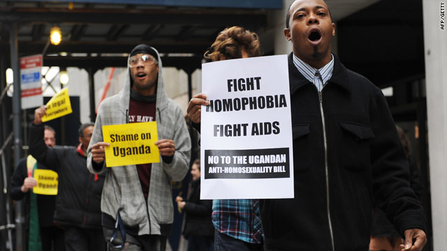 Protesters against a planned anti-homosexuality bill in front of the Ugandan Mission to the U.N. in New York on November 19.