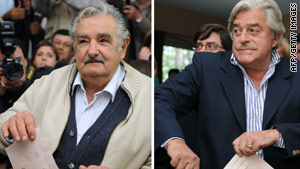 Ex-guerrilla Jose Mujica, left, faces off against former President Luis Alberto Lacalle in Sunday's runoff in Uruguay.
