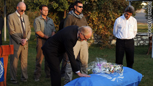 United Nations special envoy to Afghanistan Kai Eide pays his respects to a slain colleague in Kabul on November 3, 2009.