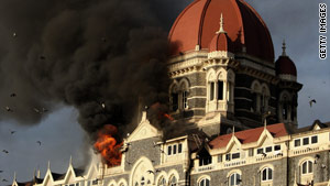 Smoke billows out of the Taj Majal hotel in Mumbai, India, during a siege in November 2008.