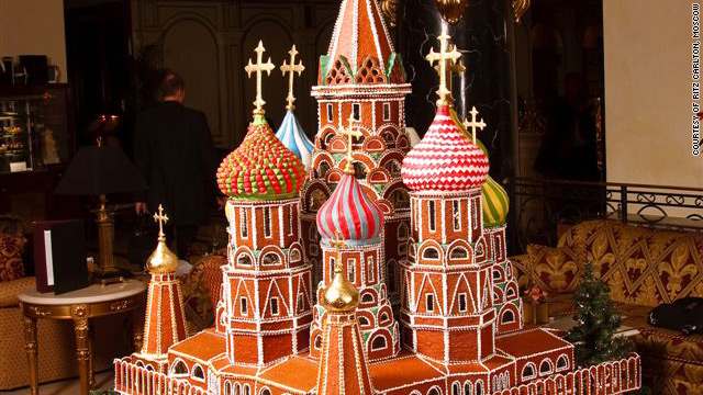 The replica of St. Basil Cathedral in Moscow is made of gingerbread and took three months to complete.