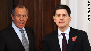 Russian Foreign Minister Sergei Lavrov, left, and British Foreign Secretary David Miliband meet Monday in Moscow.