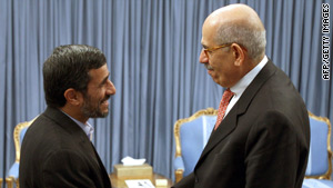 Iranian President Mahmoud Ahmadinejad (left) greets IAEA chief Mohamed ElBaradei in Tehran in October.