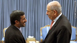 Iranian President Mahmoud Ahmadinejad, left, greets IAEA chief Mohamed ElBaradei in Tehran in October.