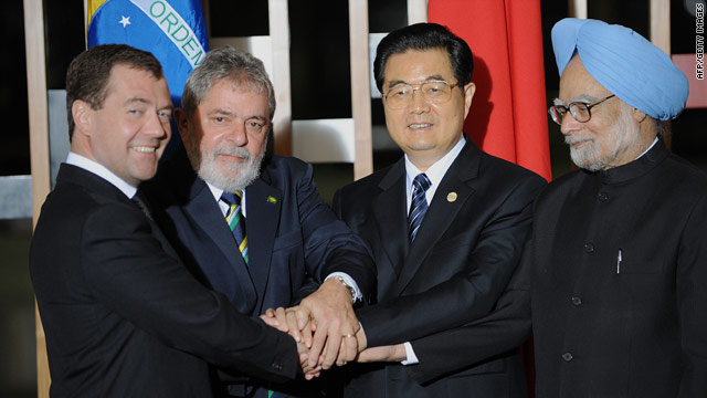 From left: Russia's President Dmitri Medvedev, Brazilian President Luiz Inacio Lula da Silva, China's President Hu Jintao and India's Prime Minister Manmohan Singh pose for the family photo of the II BRIC Summit in Brasilia on April 15.