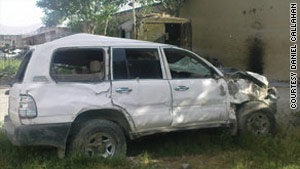 This vehicle driven by a contractor was hit in Kabul, Afghanistan, in May, leading to a deadly shooting.