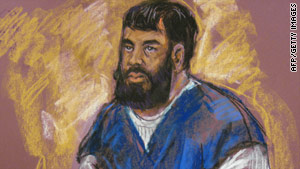 A sketch shows Zarein Ahmedzay appearing in court Friday, where he entered a guilty plea on conspiracy charges.