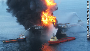 U.S. Coast Guard fire boats battle the inferno on the Deepwater Horizon oil rig on April 21, a day after it exploded.