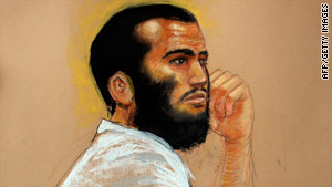 A sketch by courtroom artist Janet Hamlin shows Canadian defendant Omar Khadr on April 28.