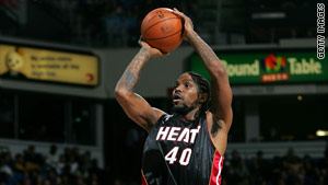 Udonis Haslem of the Miami Heat takes a shot in a game against the Sacramento Kings on December 6, 2009.