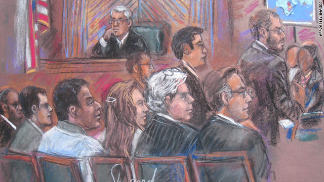 A court drawing dated October 12, 2010, showing Ahmed Khalfan Ghailani (third from left) at a civilian court in New York.