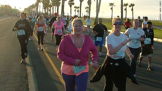 Spark friends Rebecca Coats and Eve Rasmussen run in the Surf City marathon in Huntington Beach, California, February 7.