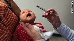 A child receives drops of Children's Tylenol after getting a vaccination.