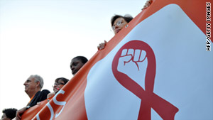 Demonstrators march in Vienna, Austria, as part of the 18th International AIDS Conference on July 20, 2010.