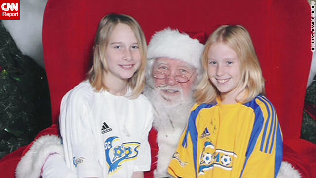 In the picture with Santa from 2009, Harmony and Lindsey Farrow took a photo with Santa in their soccer uniforms.