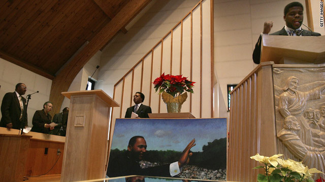 The Rev. David O. Miller leads "Lift Every Voice and Sing" during a Martin Luther King Jr. memorial service in Bridgeport, Connecticut in 2007. The song is popular in churches, and also known as the black national anthem.